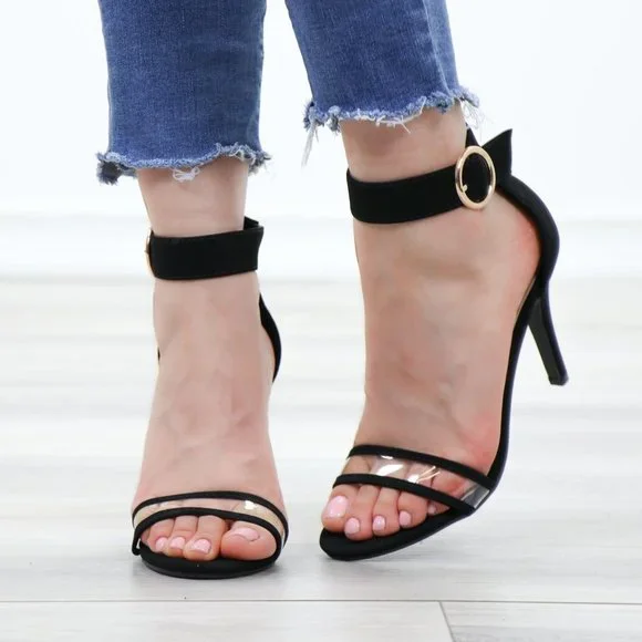 Velvet Black Open Toe Clear Strap High Heel Sandals - Picture 9 of 13